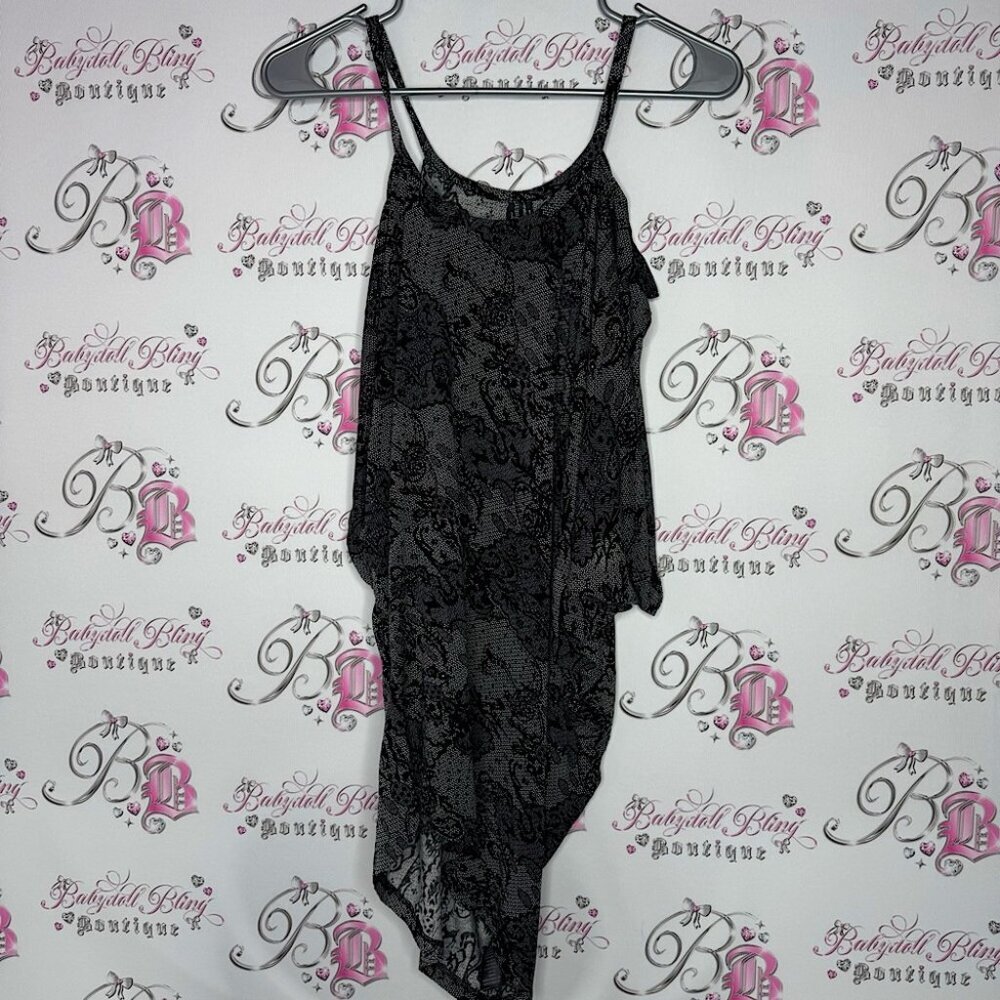 Guess by Marciano top long dress style open cold shoulder lace print grey black